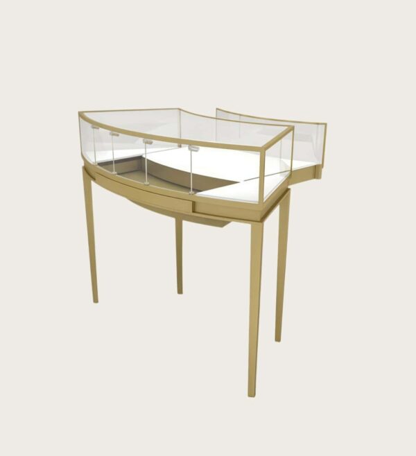 Luxury open‑top glass jewellery showcase slim tapered golden metal legs retail fixture Lexio Display`
