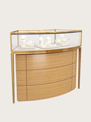 Single‑section curved jewelry display counter gold metal frame wood grain cabinet glass jewellery showcase Lexio Display`