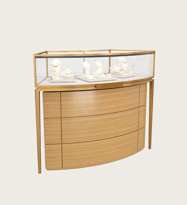 Single‑section curved jewelry display counter gold metal frame wood grain cabinet glass jewellery showcase Lexio Display`