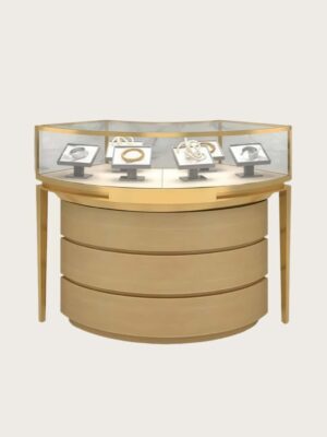Octagonal round island jewelry display counter gold metal frame curved drawer glass jewellery showcase Lexio Display`