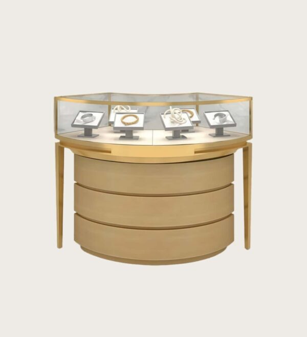 Octagonal round island jewelry display counter gold metal frame curved drawer glass jewellery showcase Lexio Display`