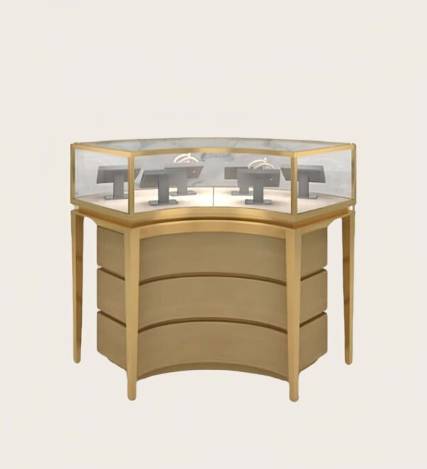Octagonal round island jewelry display counter gold metal frame curved drawer glass jewellery showcase Lexio Display`