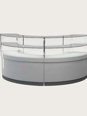 custom curved display cabinet (2) Curved C‑shape multi‑tier white gloss jewelry display counter double‑layer glass Lexio Display`