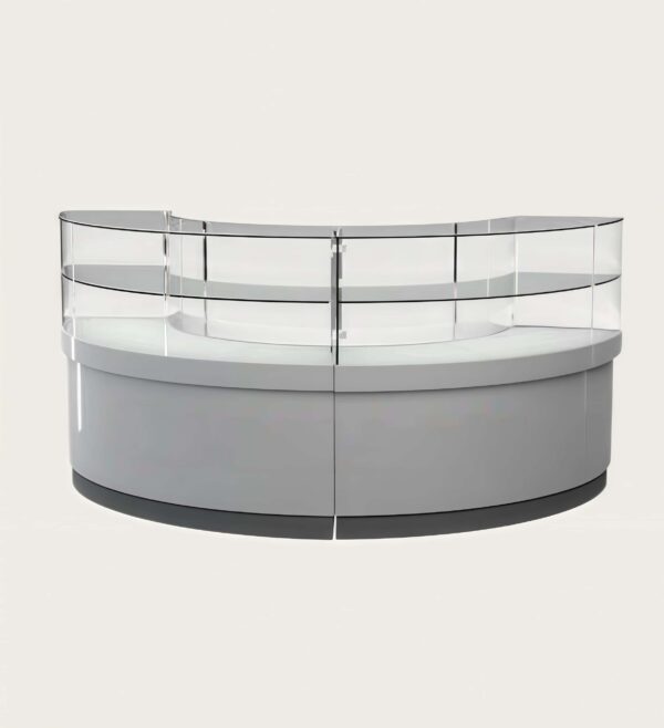 Curved C‑shape multi‑tier white gloss jewelry display counter double‑layer glass Lexio Display`