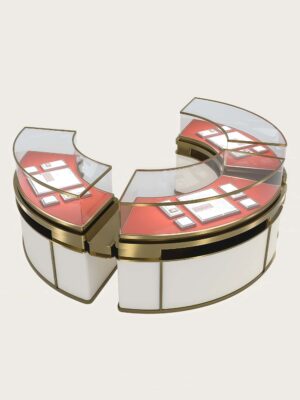 C‑Shaped modular curved jewelry island showcase brushed gold frame red velvet liner Lexio Display`