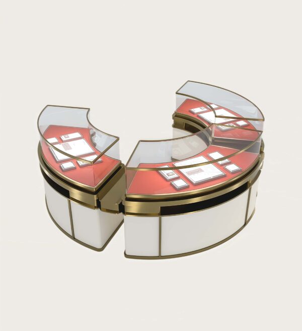 C‑Shaped modular curved jewelry island showcase brushed gold frame red velvet liner Lexio Display`