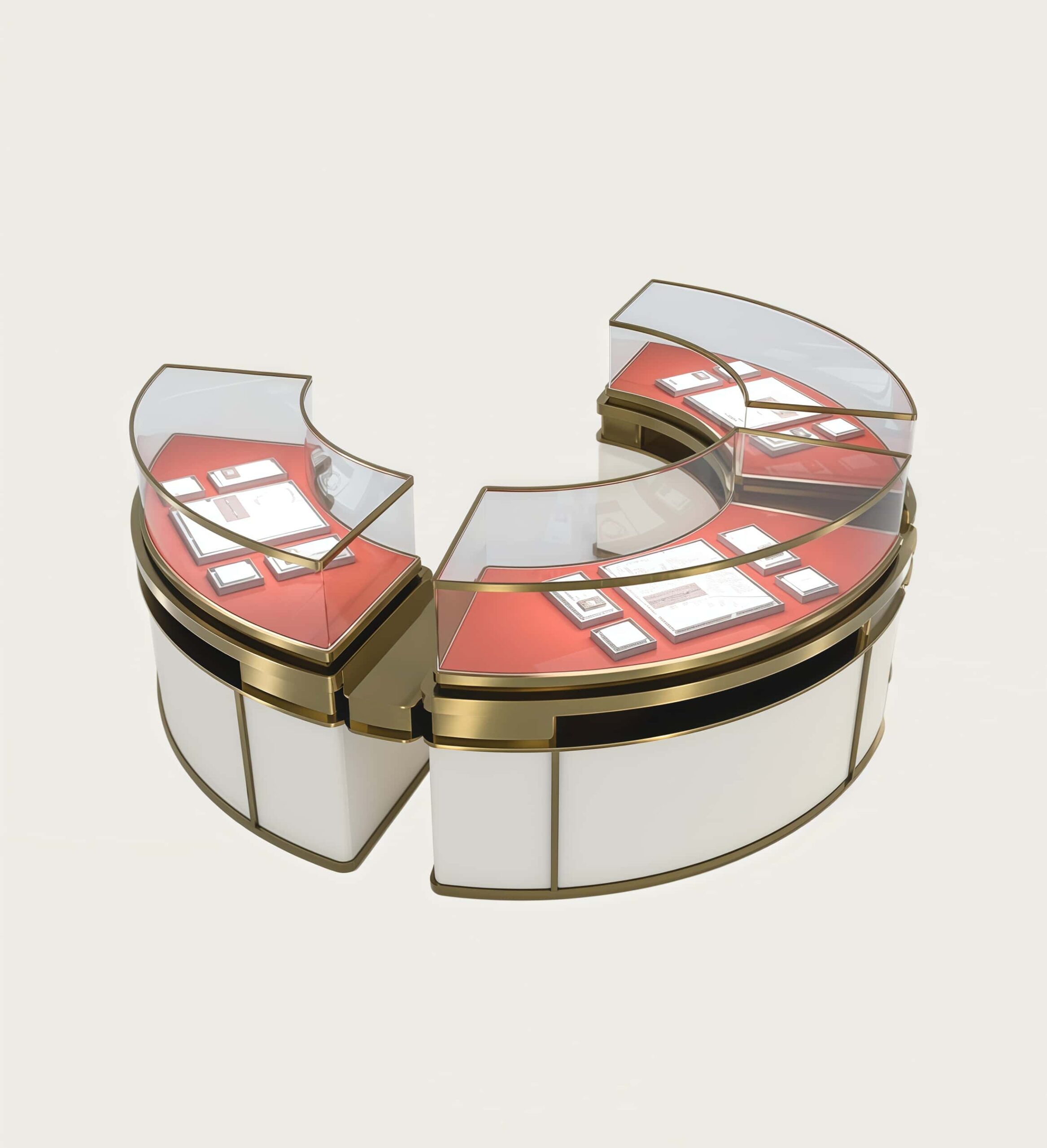 C‑Shaped modular curved jewelry island showcase brushed gold frame red velvet liner Lexio Display`