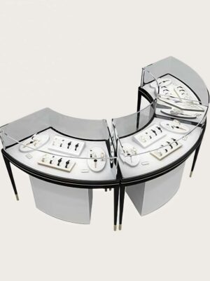 U shape curved jewellery retail counter modular unit with glass top display and closed storage cabinets`
