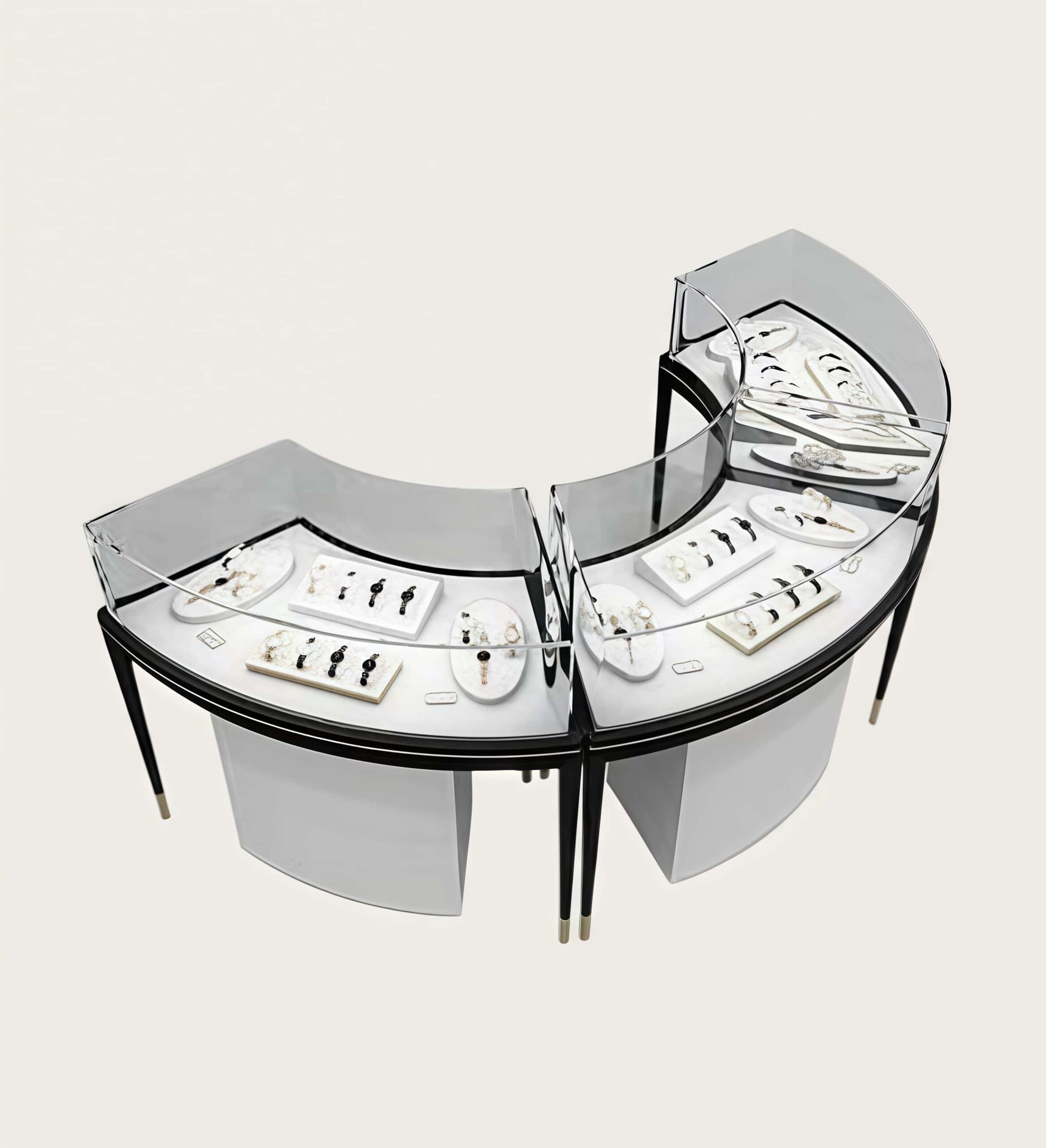 U shape curved jewellery retail counter modular unit with glass top display and closed storage cabinets`