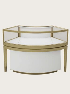 Curved corner jewelry display cabinet brushed gold frame glass showcase with storage Lexio Display`