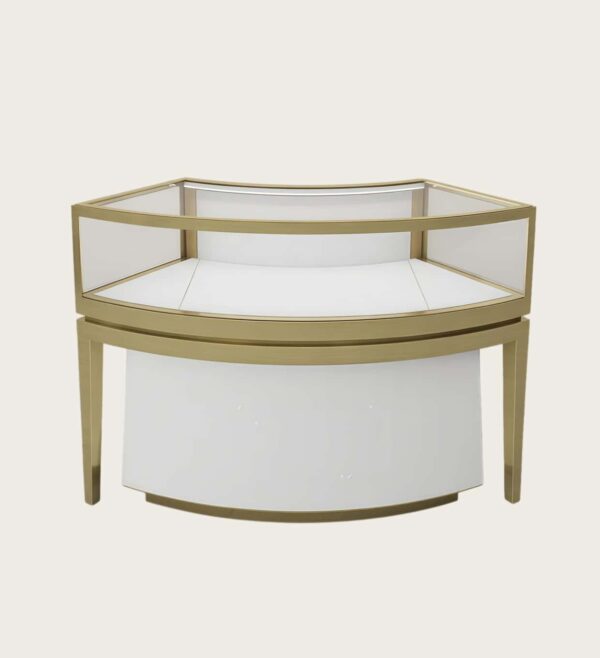 Curved corner jewelry display cabinet brushed gold frame glass showcase with storage Lexio Display`
