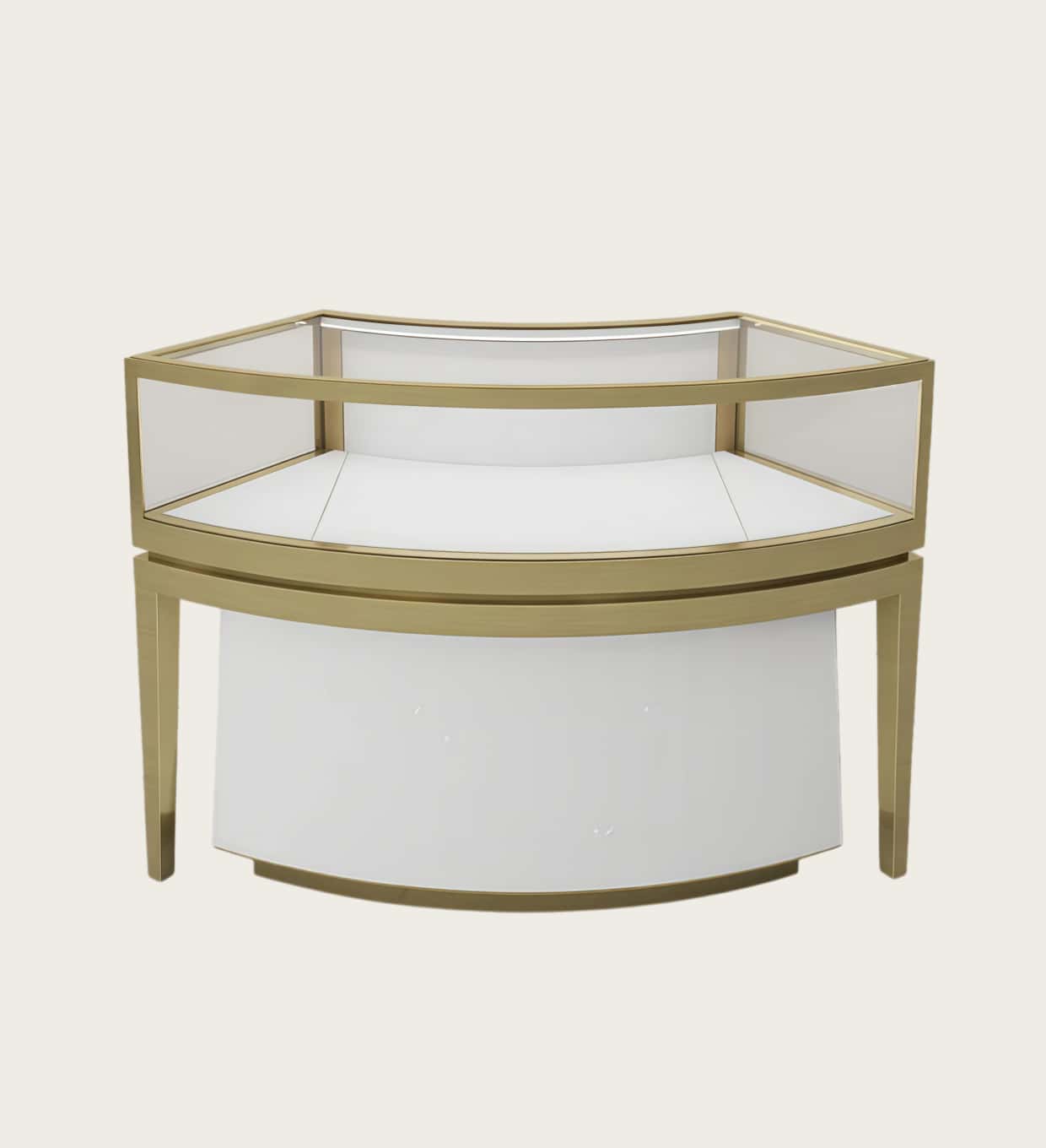 Curved corner jewelry display cabinet brushed gold frame glass showcase with storage Lexio Display`