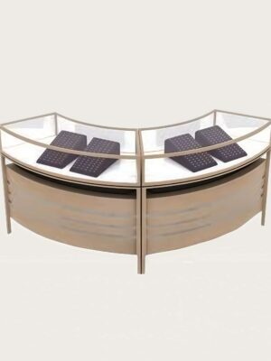 Dual‑module curved wood‑tone jewelry display counter modular glass showcase Lexio Display`