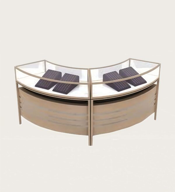 Dual‑module curved wood‑tone jewelry display counter modular glass showcase Lexio Display`