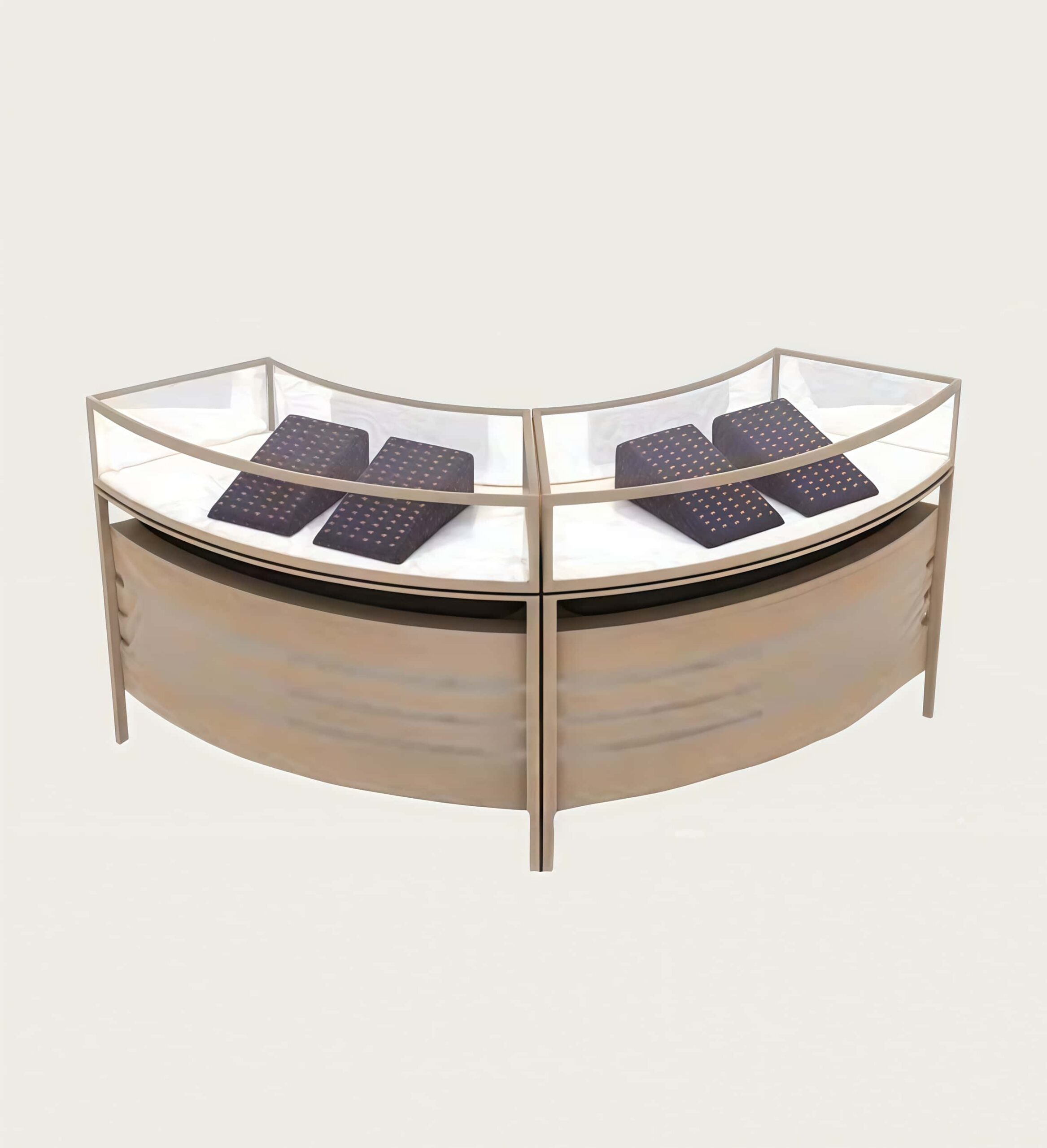 Dual‑module curved wood‑tone jewelry display counter modular glass showcase Lexio Display`