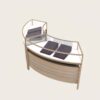 Two‑unit curved jewellery retail counter wood‑tone frame with glass display top and pull‑out storage drawers`