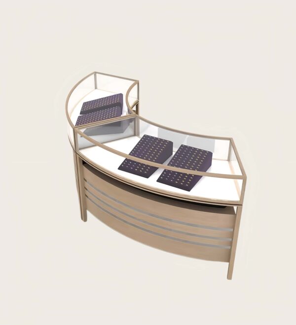 Two‑unit curved jewellery retail counter wood‑tone frame with glass display top and pull‑out storage drawers`