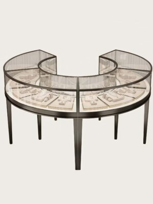 custom curved display cabinet (3) C‑shape split circular jewellery display island black metal frame round glass showcase Lexio Display`