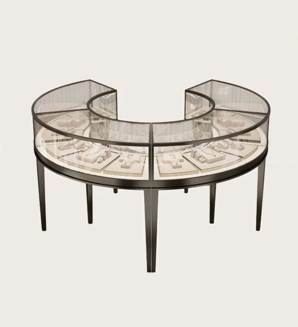 C‑shape split circular jewellery display island black metal frame round glass showcase Lexio Display`