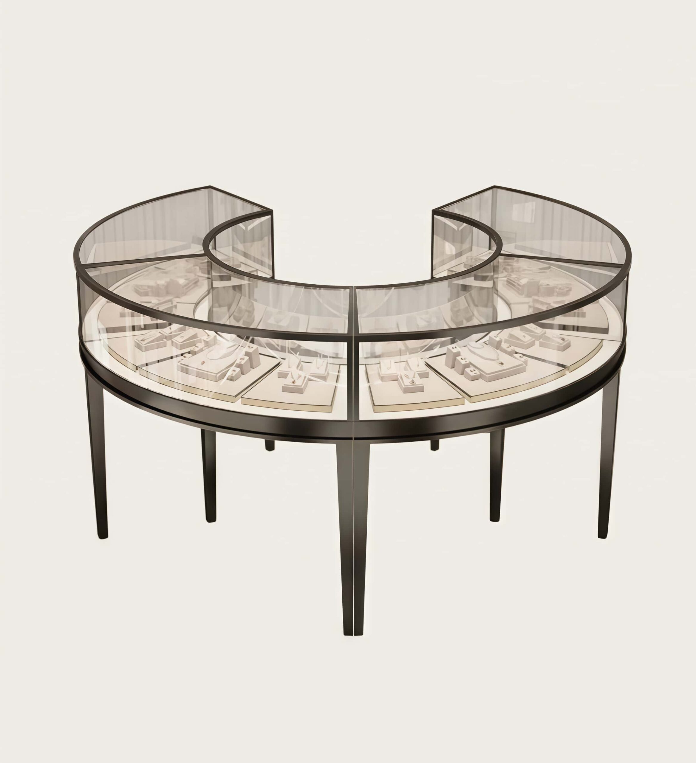 C‑shape split circular jewellery display island black metal frame round glass showcase Lexio Display`
