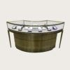 Antique brass curved jewellery island display counter slim angled metal legs Lexio Display`