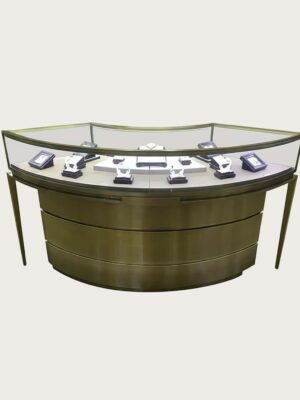 custom curved display cabinet (4) Antique brass curved jewellery island display counter slim angled metal legs Lexio Display`