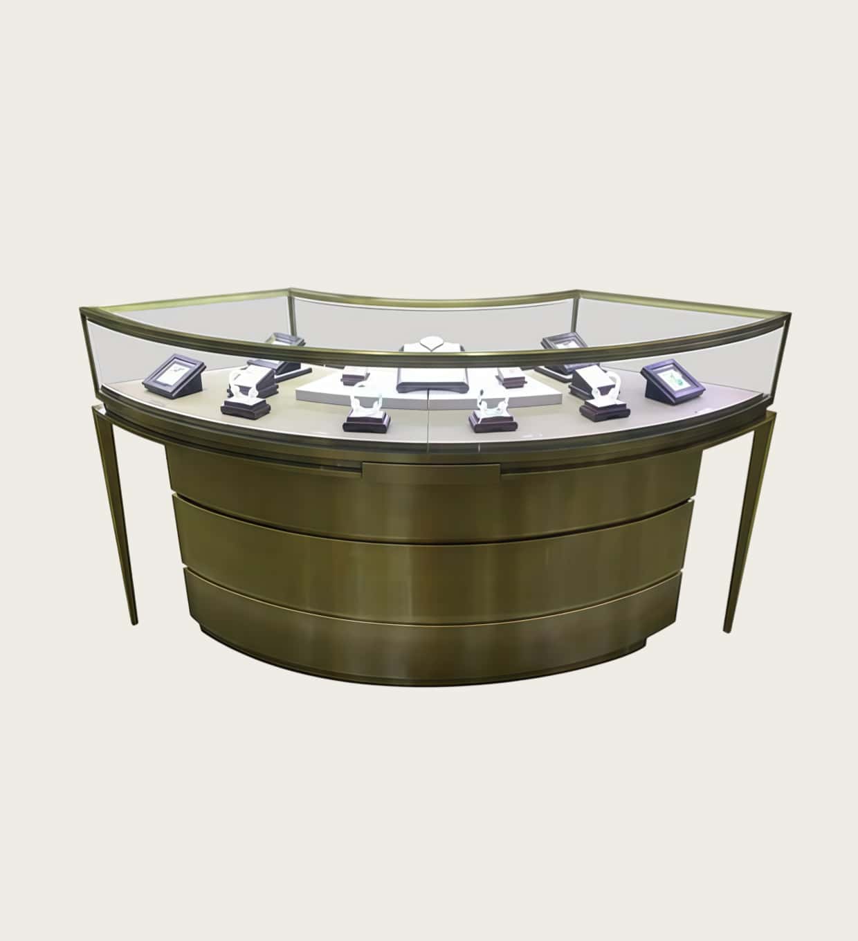 Antique brass curved jewellery island display counter slim angled metal legs Lexio Display`