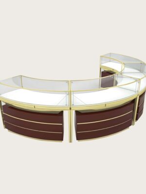 custom curved display cabinet (4) Semi‑Circle C‑Shape modular jewelry counter burgundy cabinet gold frame drawer storage Lexio Display`