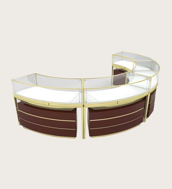 Semi‑Circle C‑Shape modular jewelry counter burgundy cabinet gold frame drawer storage Lexio Display`