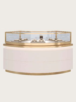 custom curved display cabinet (5) Curved corner gold‑trim jewelry island showcase white gloss cabinet base ambient LED Lexio Display`