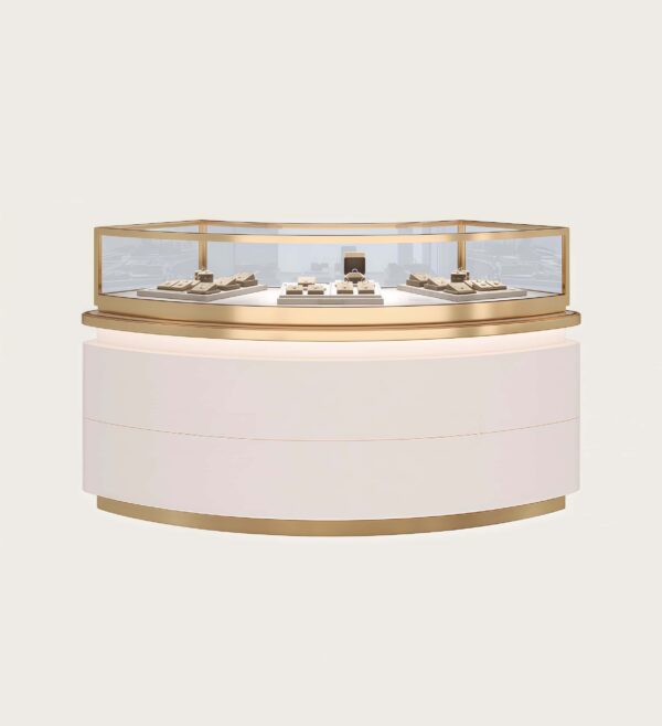 Curved corner gold‑trim jewelry island showcase white gloss cabinet base ambient LED Lexio Display`