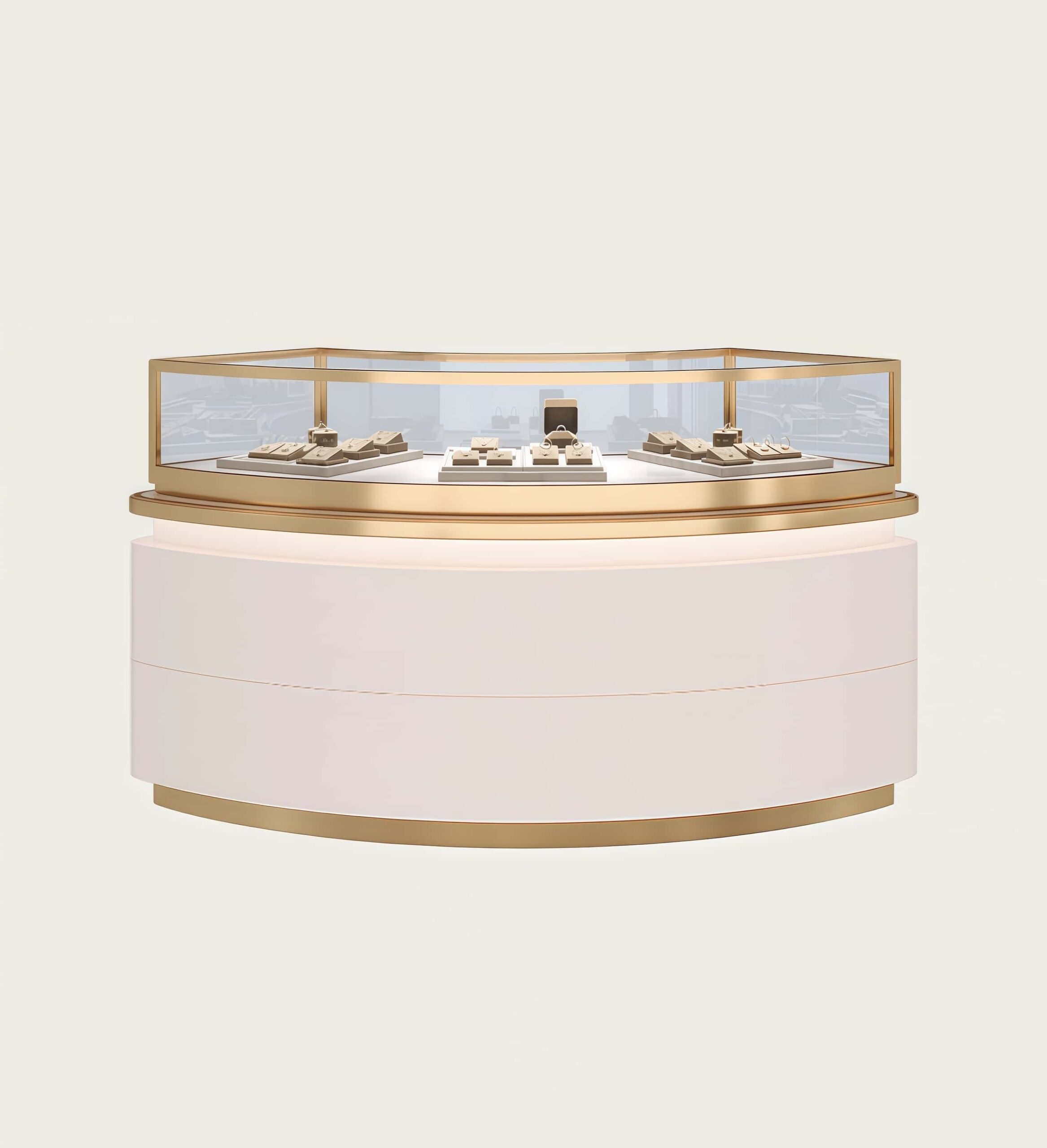 Curved corner gold‑trim jewelry island showcase white gloss cabinet base ambient LED Lexio Display`