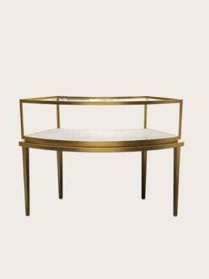 Curved hexagon open‑frame jewelry display table brushed gold metal glass showcase Lexio Display`