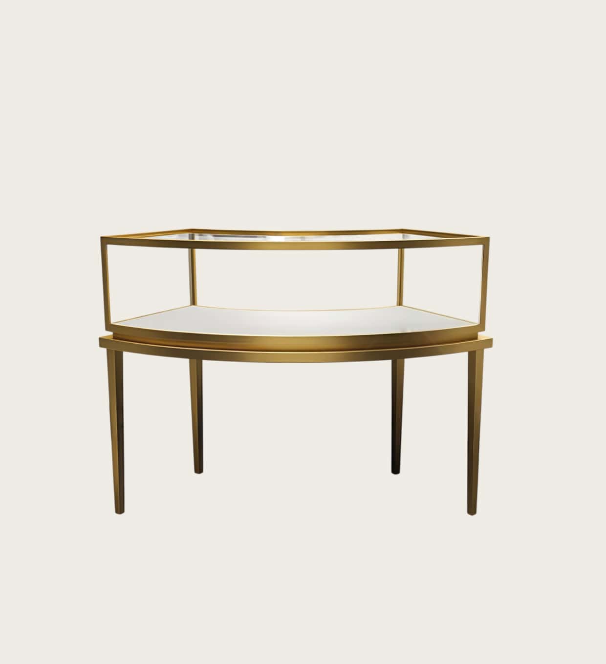 Curved hexagon open‑frame jewelry display table brushed gold metal glass showcase Lexio Display`