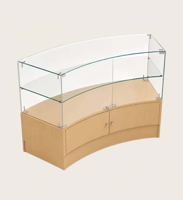 Curved glass retail display counter without cabinet doors modern retail kiosk fixture Lexio Display`