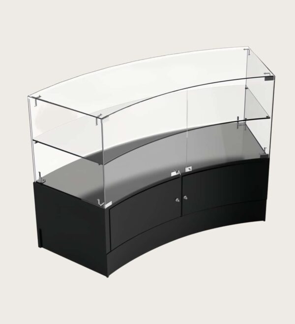 Angled view dual‑option curved glass counter, wooden and black finish retail display fixture`