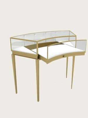 custom curved display cabinet (8) Brushed gold metal frame curved elevated jewellery display table with pull‑out tray Lexio Display`