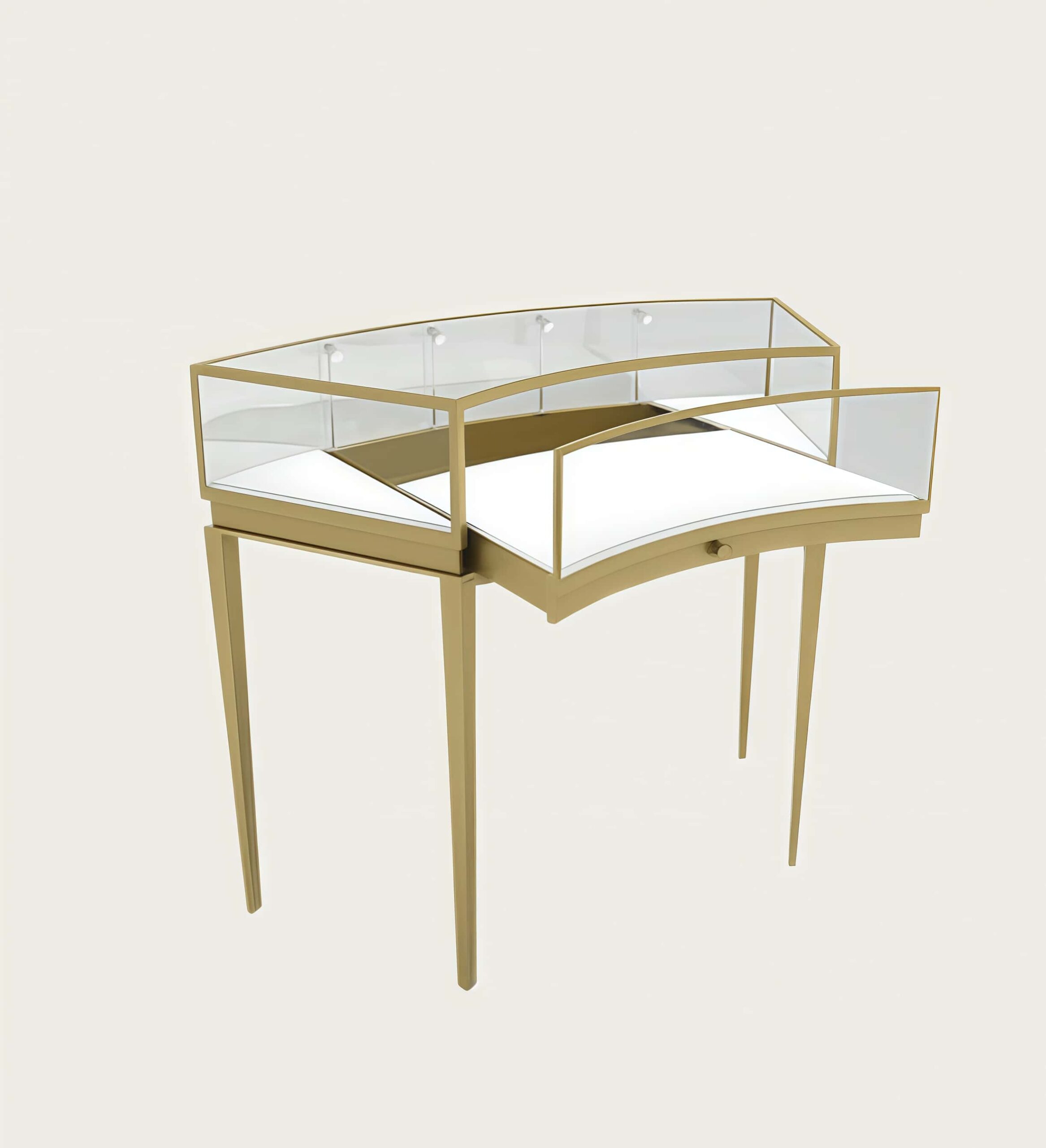Brushed gold metal frame curved elevated jewellery display table with pull‑out tray Lexio Display`