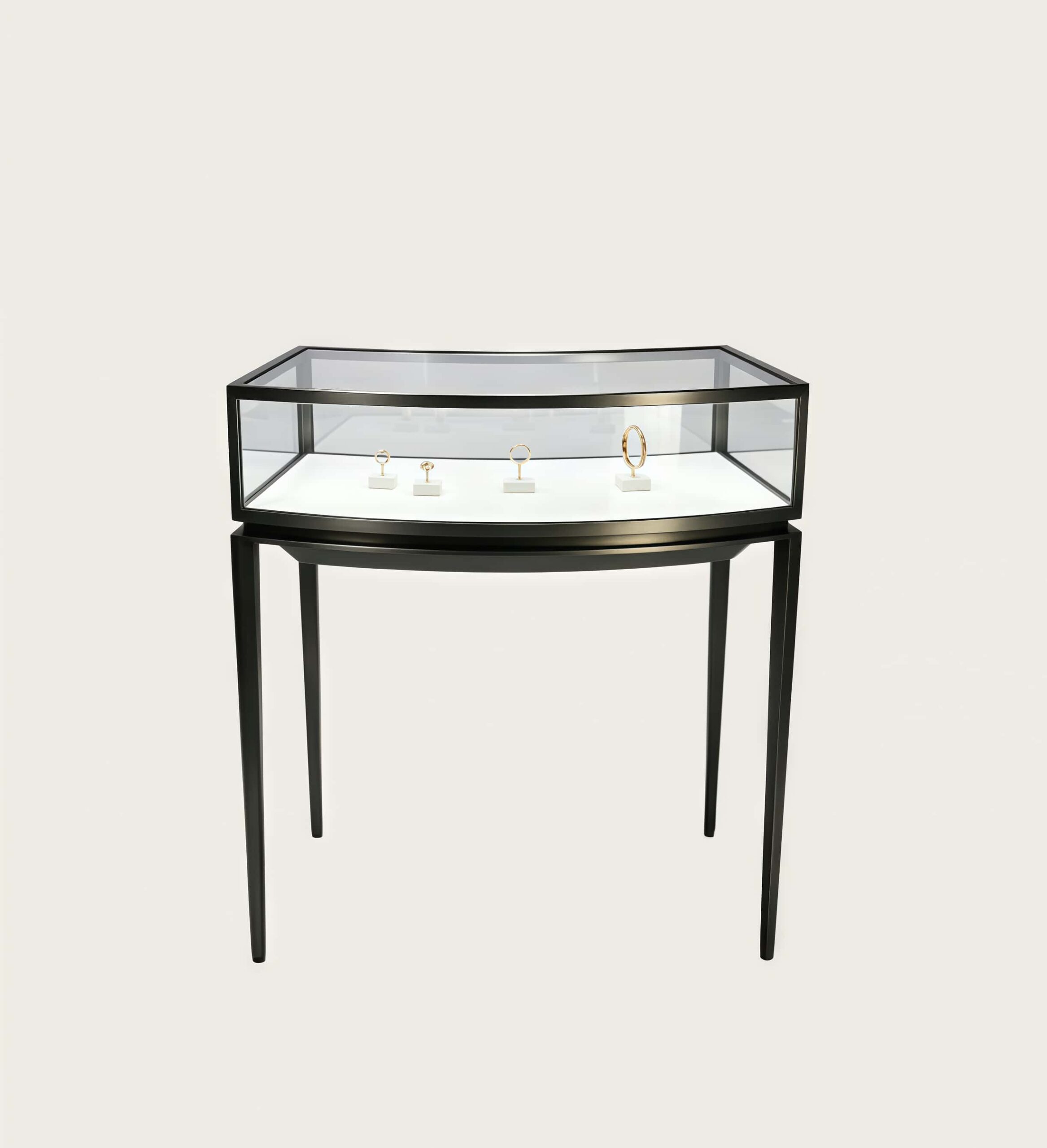Curved bow‑front black open‑frame jewelry display table matte black metal glass showcase Lexio Display`