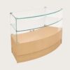 Light wood tone curved glass retail display counter with double glass shelf Lexio Display`