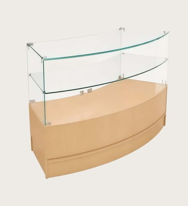 Light wood tone curved glass retail display counter with double glass shelf Lexio Display`