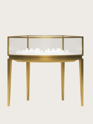 Octagon elevated open‑frame jewelry display table brushed gold metal octagonal glass showcase Lexio Display`
