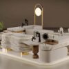 Organic shape jewellery retail kiosk, freestanding mall jewelry booth with built-in plant niche and ring necklace display stands