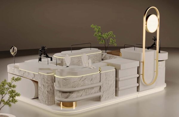 Top-down floor plan of jewelry mall kiosk, dimension 360cm x 240cm, cashier unit and movable display module layout