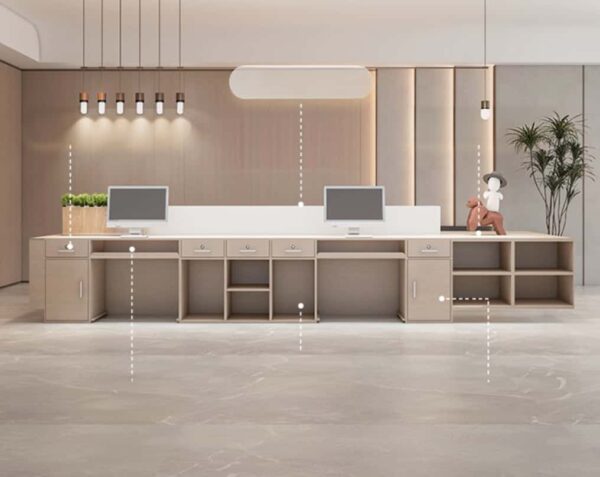 reception desk (1) Back view minimalist light wood reception workstation, built-in drawers, open cubbies and lockable cabinets for office reception storage