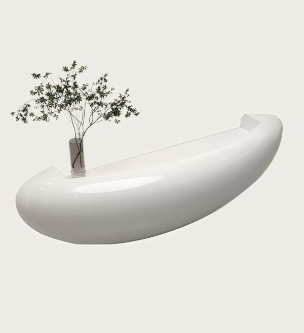 reception desk (1) 1. 3/4 perspective curved oval white fiberglass front desk, integrated drawers and flat working surface for lobby reception