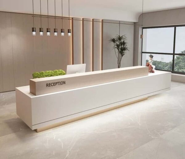 reception desk (2) Isolated product shot of custom white reception counter with wood grain partition and plant shelf for commercial fitout project