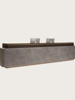 Top angled view modern stone veneer reception desk, grey marble texture front panel, dark wood top with bottom LED strip lighting for corporate lobby