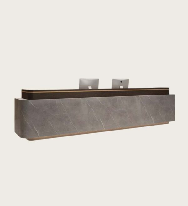 Top angled view modern stone veneer reception desk, grey marble texture front panel, dark wood top with bottom LED strip lighting for corporate lobby