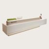 reception desk (3) Isolated product shot of custom white reception counter with wood grain partition and plant shelf for commercial fitout project